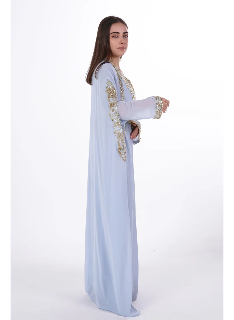 AL BENT AL SHARQIEH blue emboidered chiffon kaftan dress for Women | Best Price UAE